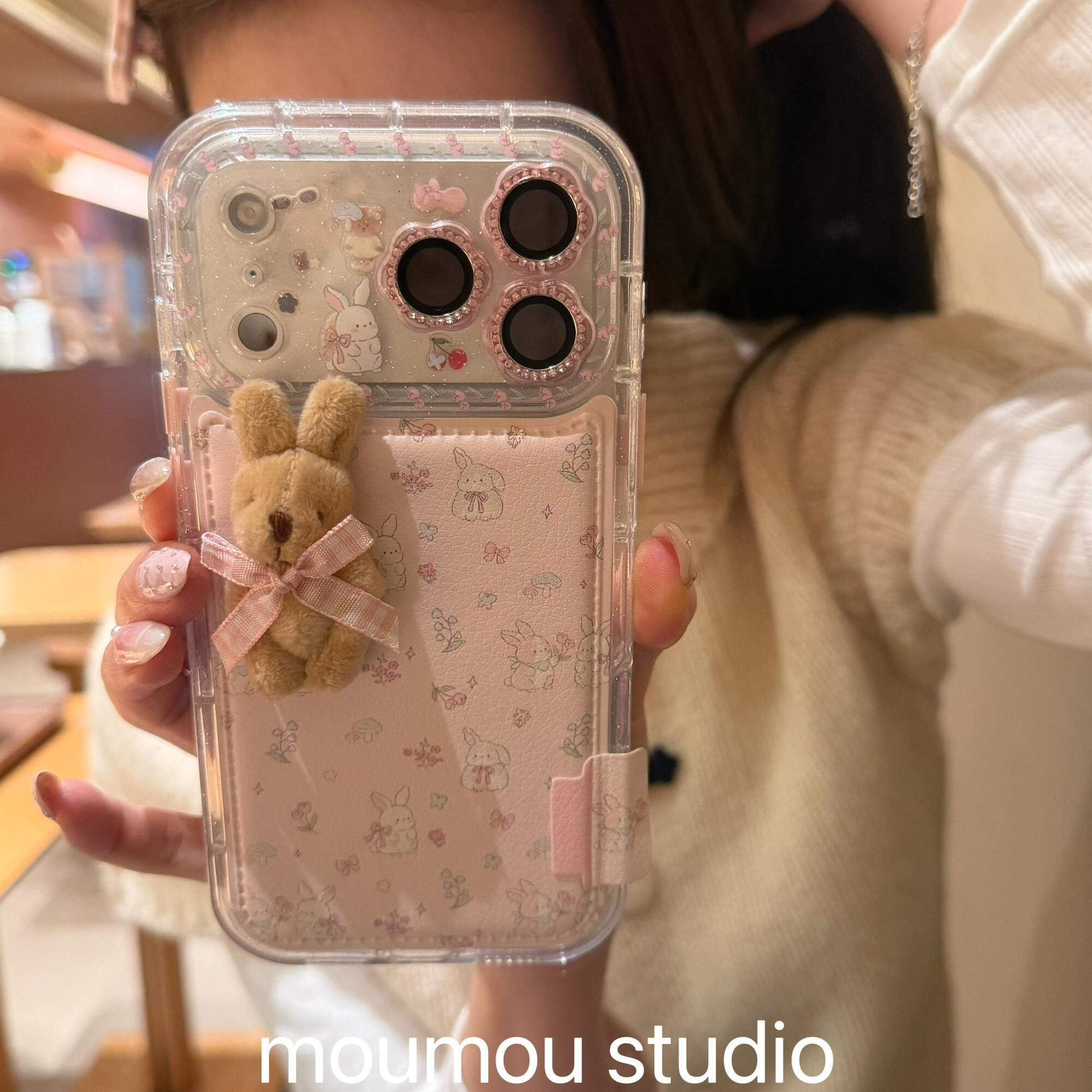 钰锴 皮质粉色碎花蝴蝶结兔子适用苹果17ProMax手机壳iphone15新款16pro女13可爱卡通15pro全包防摔保护套14