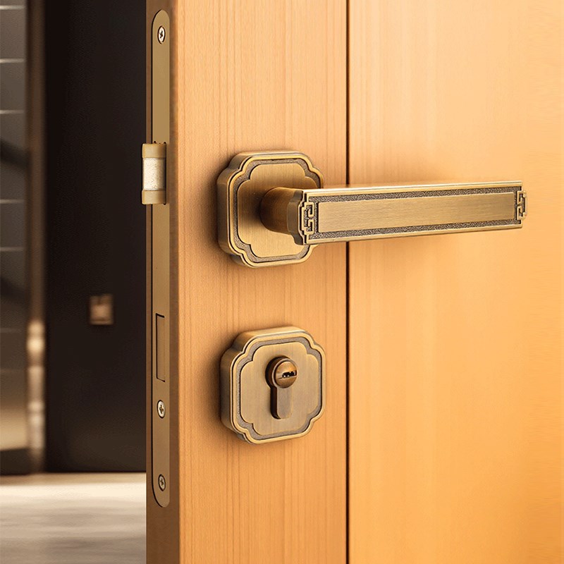 新中式门锁室内房门锁黄古铜卧室实木G门门把手家用分体锁具中古
