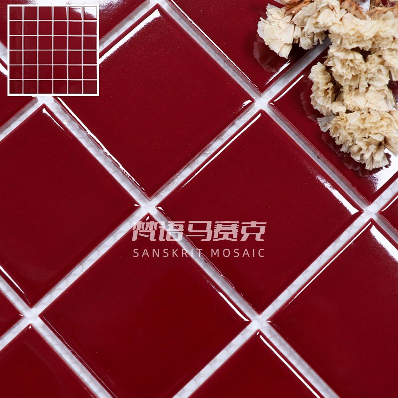 酒红色陶瓷马赛克瓷砖复古格子长条火锅店L餐厅厨房卫生间背景墙
