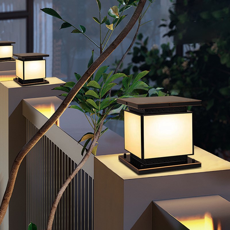 全铜柱头灯大门新中式柱子灯庭院灯别墅户外防水玻W璃太阳能围墙