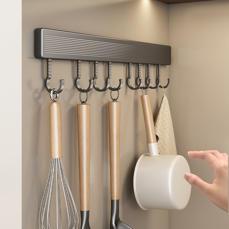 厨房挂钩架免打孔l壁挂式多功能太空铝厨具勺子锅铲子挂杆收纳