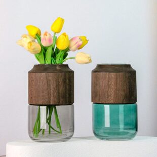 【轻奢生活】新中式简约创意木托玻璃花瓶插花客厅摆件家居装饰品
