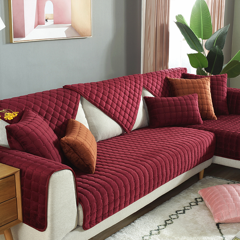 超柔短毛绒酒红色j沙发垫防滑办公室厚坐垫简约现代扶手靠背巾枕