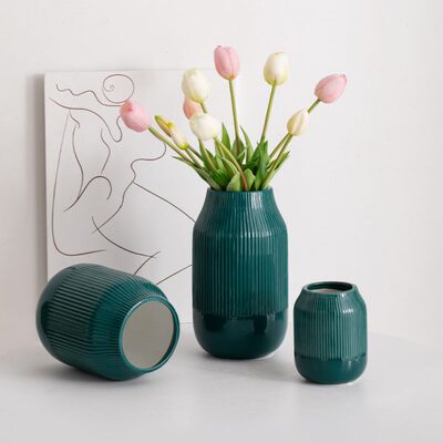 条纹白色现代简约陶瓷宽口花瓶装饰干花水养鲜花客厅插花桌面摆件