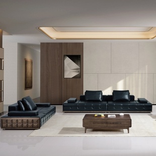 劳伦斯真皮沙发客厅直排白蜡木黑胡桃头层牛皮实木高端复古老钱风