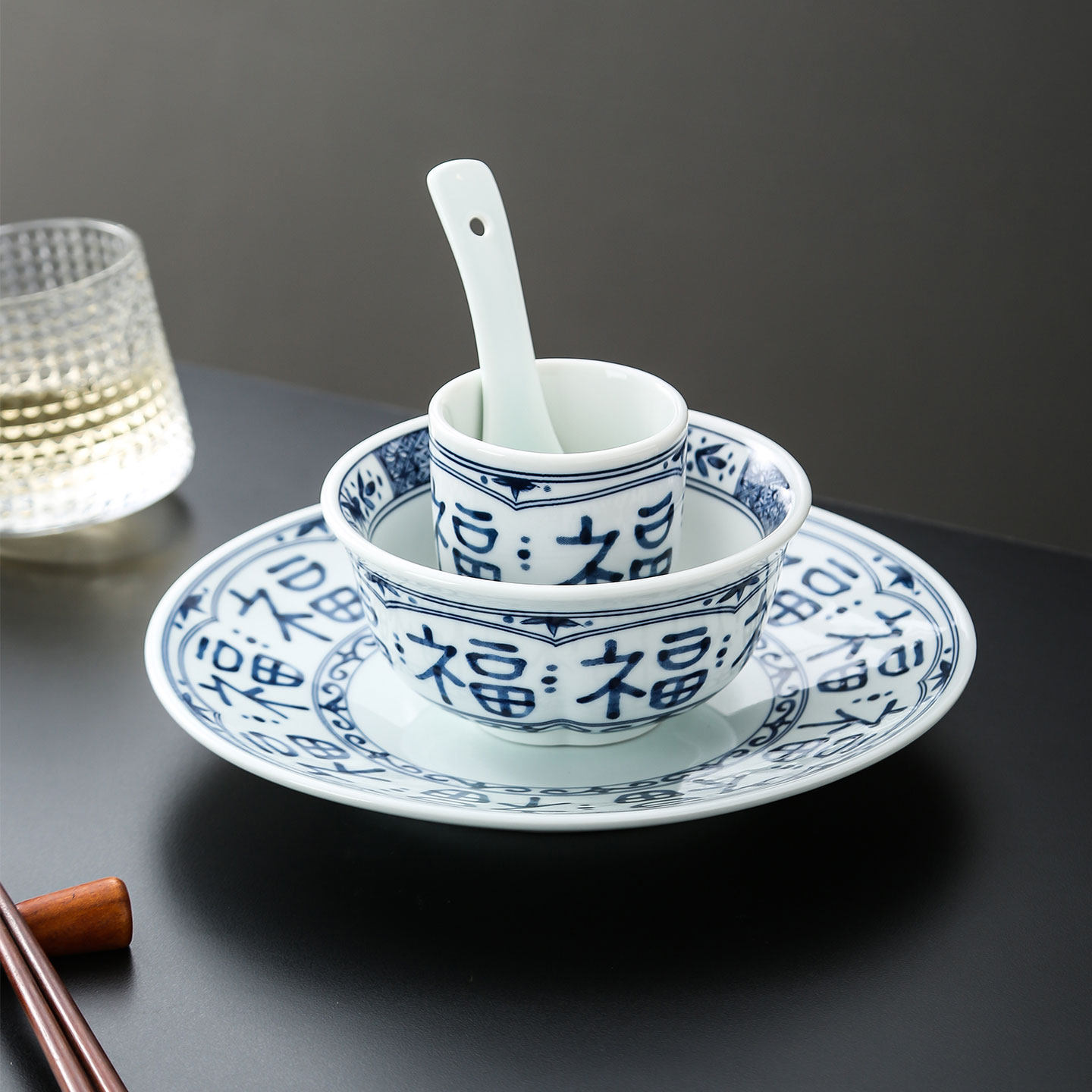 中式青花瓷福字摆台餐具套装陶瓷杯碗盘勺子家用商用特色摆台餐具