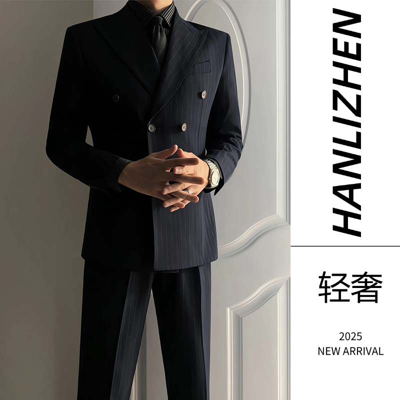 戗驳领西装男外套痞帅高级感正装新郎婚礼双排扣男士秋冬西服套装