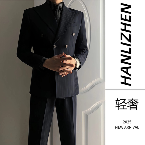 戗驳领西装男外套痞帅高级感正装新郎婚礼双排扣男士秋冬西服套装