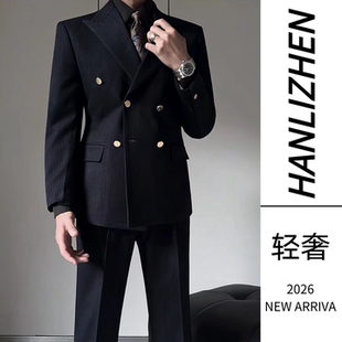 双排扣男士西装套装高级感英伦风修身布雷泽金属纽扣新郎结婚西服