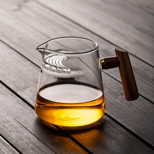 木把月牙公道杯带茶滤网加厚耐热玻璃公杯分茶器茶漏一体茶海套装