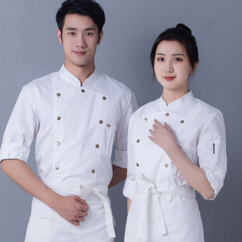 锋味厨师服长袖蓝色厨师比赛服装烹饪学校学生衣服酒店后厨工衣白
