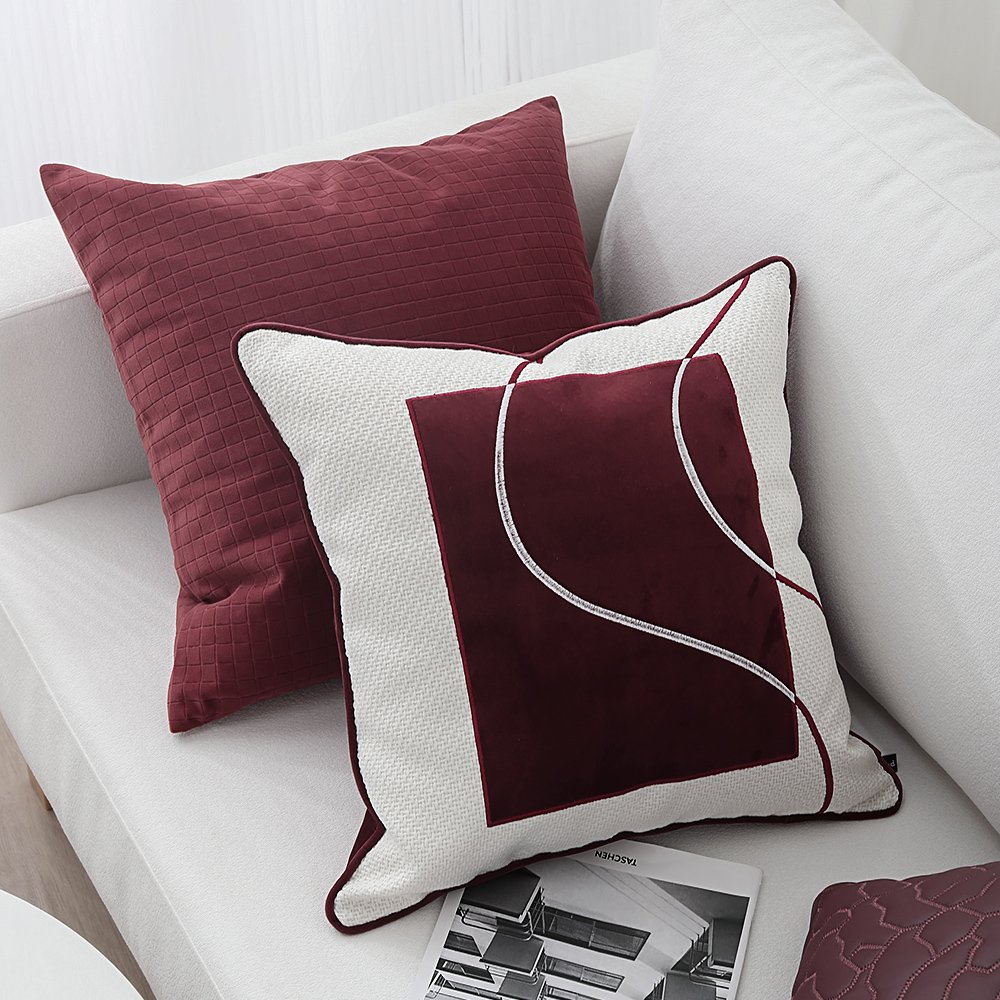 CS044酒红色丝绒几何绣花z现代简约抱枕沙发靠枕客厅床头靠背