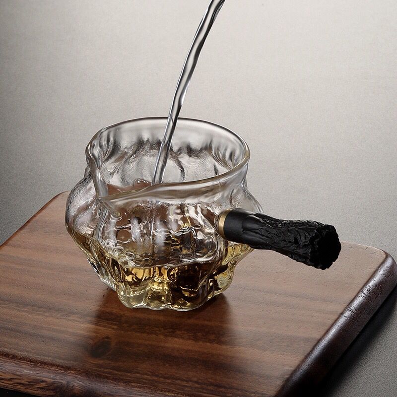 侧把玻璃公道杯核桃带手柄黑把锤纹茶海透明仿古加厚耐热茶叶茶杯