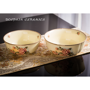 包邮 韩式 女皇家金玫瑰陶瓷碗大号面碗饭碗汤碗高档家用餐具13k金