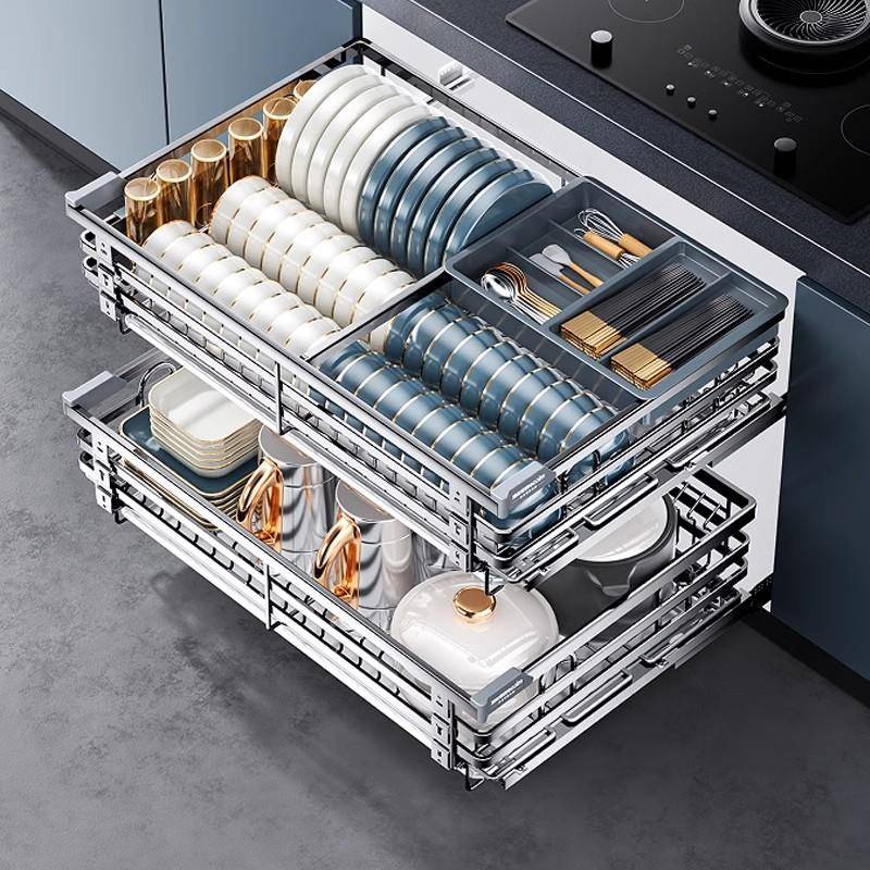轻奢拉篮厨房橱柜304不锈钢双层抽屉式内置碗柜碗碟收纳碟架碗篮