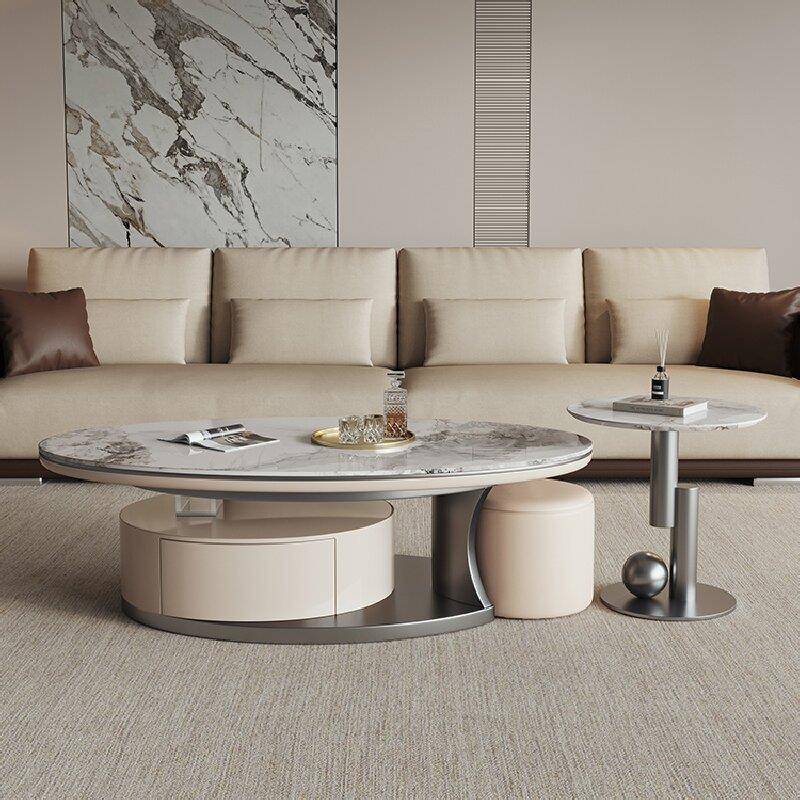 2024新款小户型椭圆形岩板石茶几意式轻奢现代简约客厅高级设计感