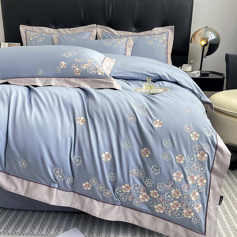 新款100s贡缎长绒棉四件套全棉纯棉匹马棉轻奢风纯色刺绣床单