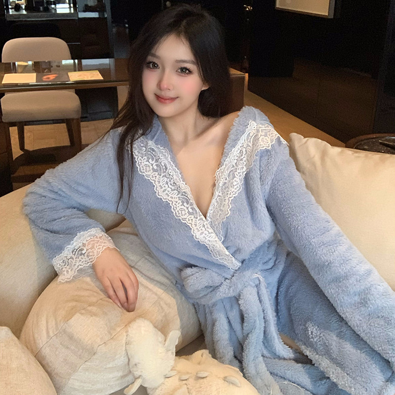 连帽睡袍女款秋冬季新款性感纯欲风珊瑚绒加厚毛绒浴袍可外穿睡衣