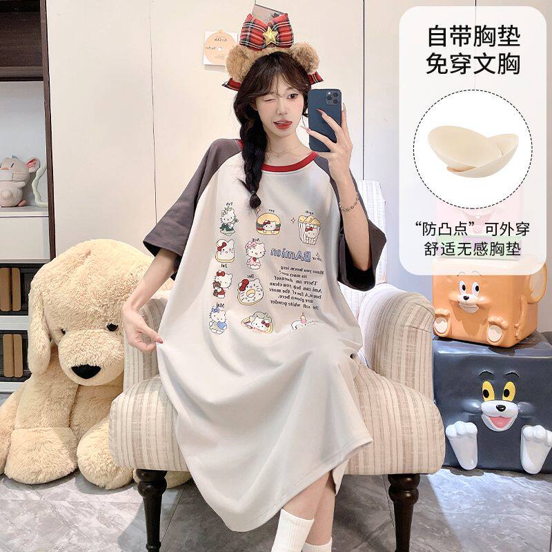 大码卡通睡裙女款带胸垫夏季韩版宽松短袖中长款家居服可外穿睡衣