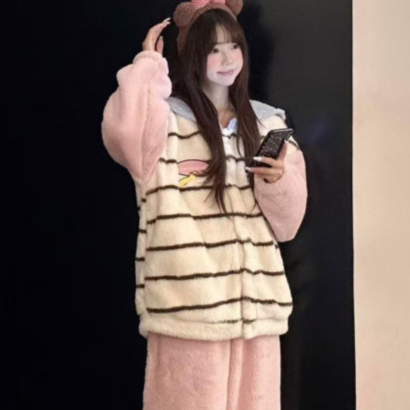 海军领甜美少女卡通毛绒睡衣女秋冬季新款家居服珊瑚绒套装可外穿