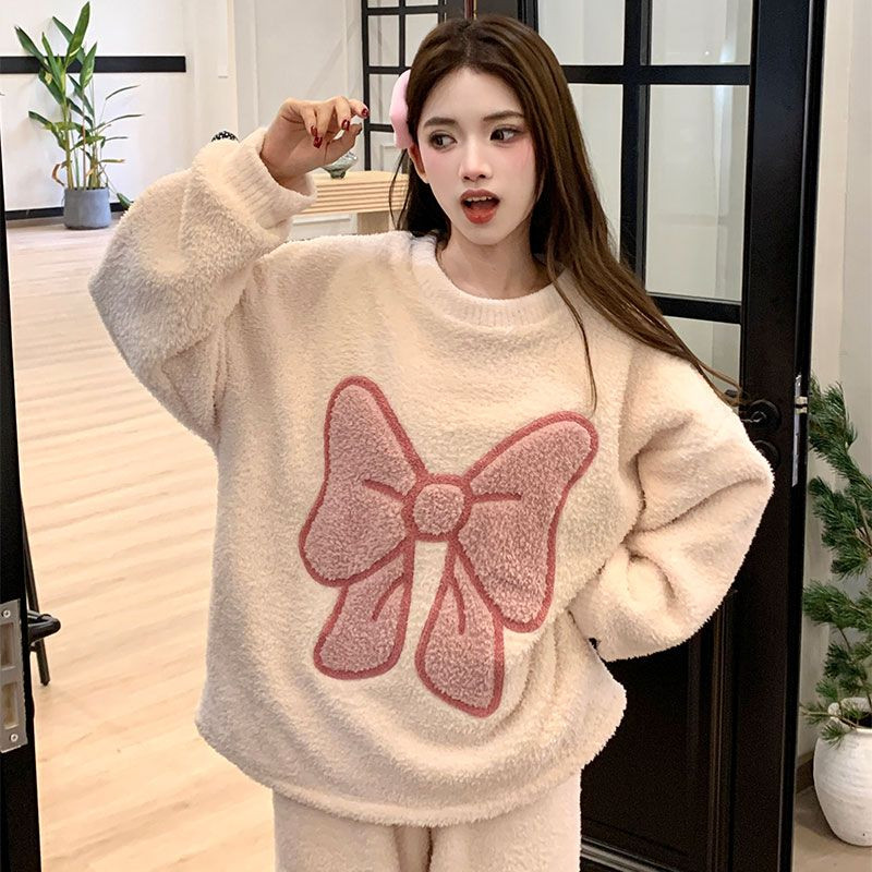 韩国ins珊瑚绒睡衣女秋冬季长袖毛茸茸甜美学生半边绒加厚家居服