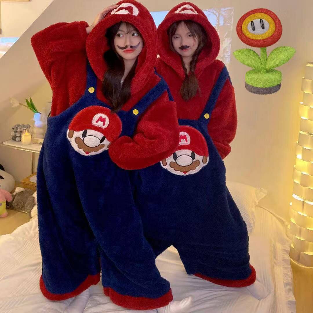 马里奥连体睡衣珊瑚绒女冬季加厚保暖睡袋闺蜜装可爱卡通可外穿男