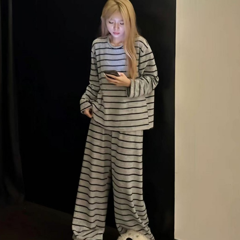 韩系条纹设计感德绒长袖睡衣女款秋冬季学生少女可外穿家居服套装