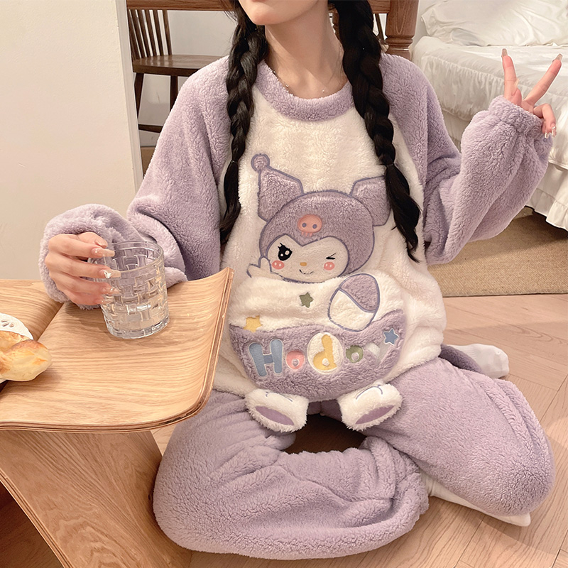 2025新款珊瑚绒可爱库洛米大码睡衣女秋冬季胖mm200斤家居服套装