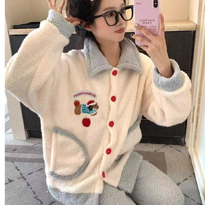 半边绒睡衣女款冬季加绒加厚珊瑚绒简约韩版2025新款秋冬款家居服