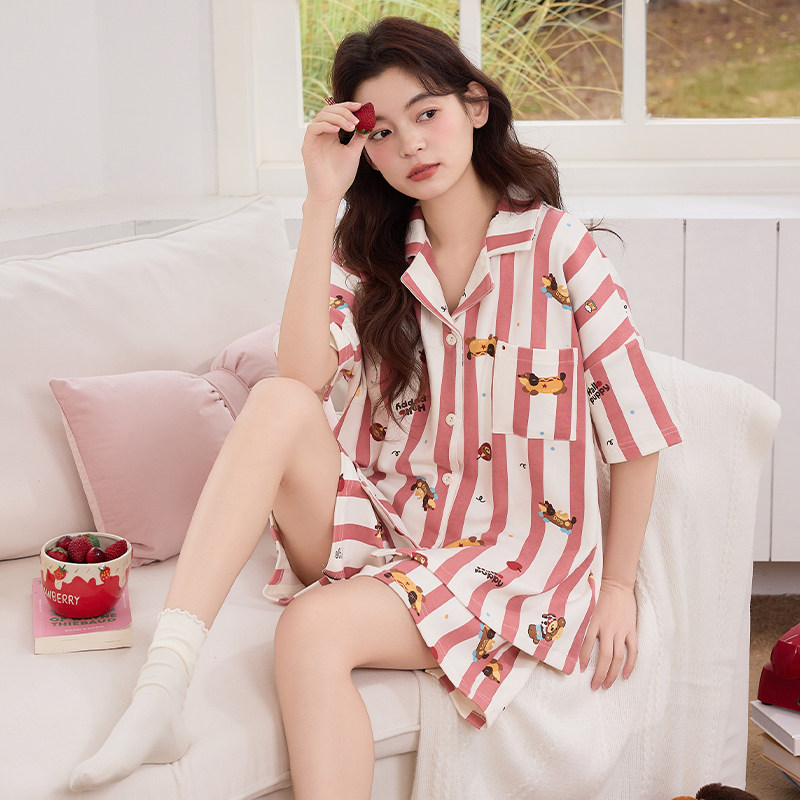 2026新款夏季棉质短袖女士睡衣可爱条纹大码短裤套装可外穿家居服