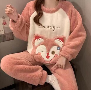 珊瑚绒睡衣女款秋冬季加厚加绒卡通可爱冬季保暖可外穿家居服套装
