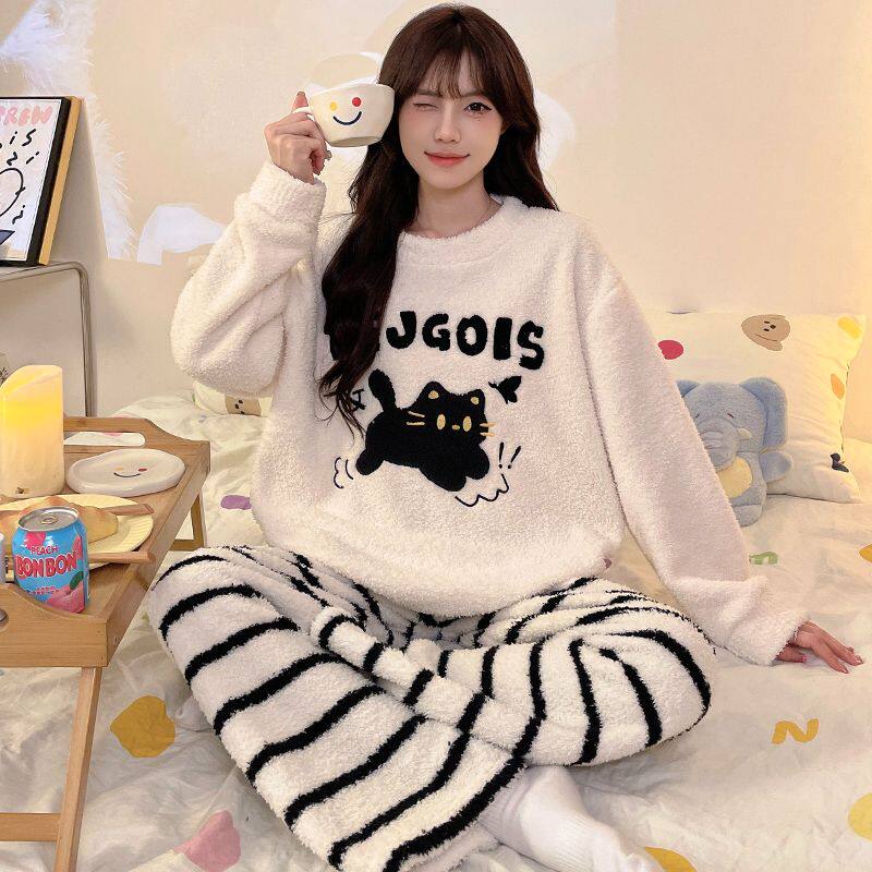 卡通小黑猫半边绒睡衣女秋冬季珊睡衣/家居服套装