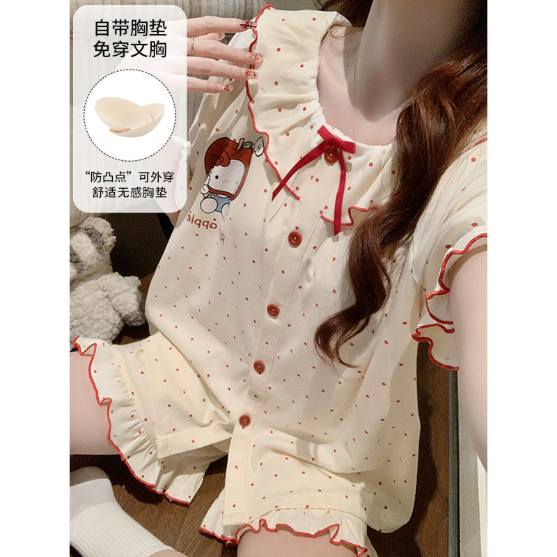 睡衣女款夏季爆款短袖短裤卡通宽松带胸垫两件套夏天可外穿家居服