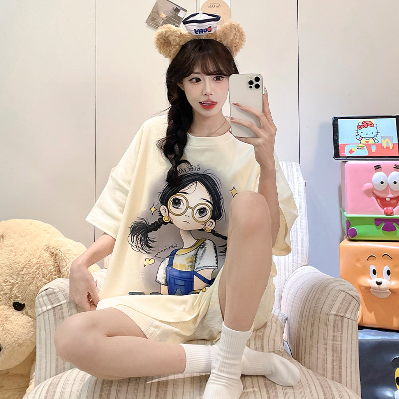 2026年新款夏季天女士短袖可爱睡衣短裤字母大码套装家居服可外穿