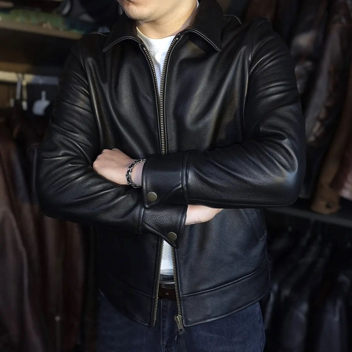 2025新款高端小牛皮商务休闲男士真皮皮衣中年翻领大码夹克皮外套