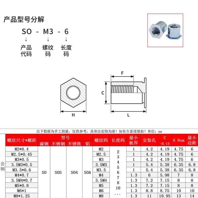 现货碳钢镀锌通孔压铆螺柱六角压铆螺母柱铆柱 SO-M3/3.5UM3/M4/3