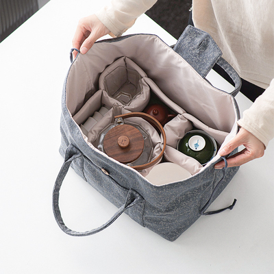 整套旅行茶具收纳包超大号家用户外便携茶具大容量仿麻纤维布艺包