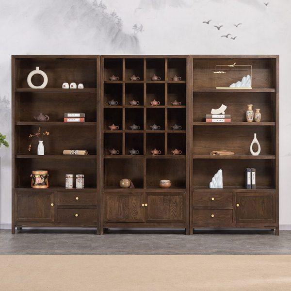 博古架实木中式多宝阁带玻璃榆木书柜书架组合茶室茶饼茶叶展示柜