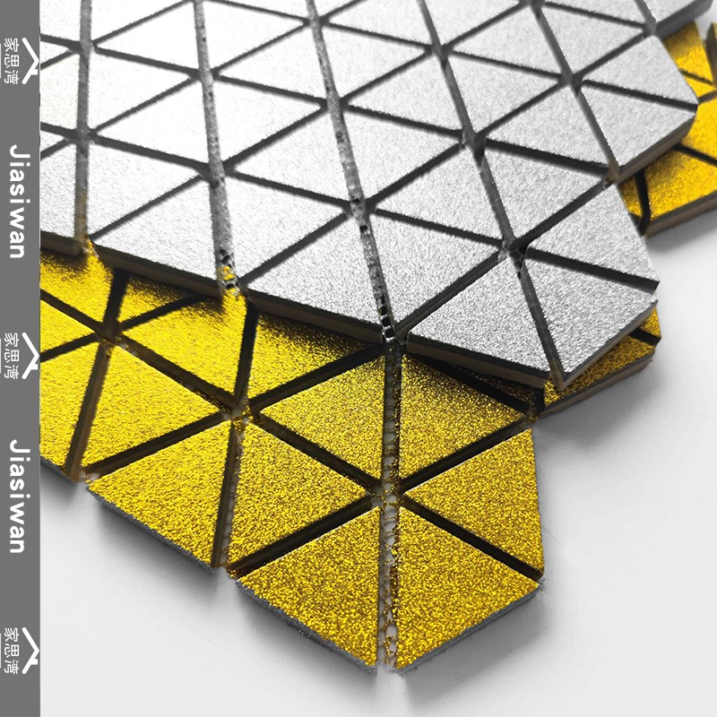 银色金粉陶瓷马赛克三角形瓷砖客厅沙发H背景墙吧台KTV装饰轻奢风