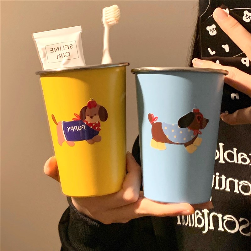 可爱腊肠狗漱口杯家用牙刷杯子洗漱杯情侣学生宿S舍不锈钢牙具牙