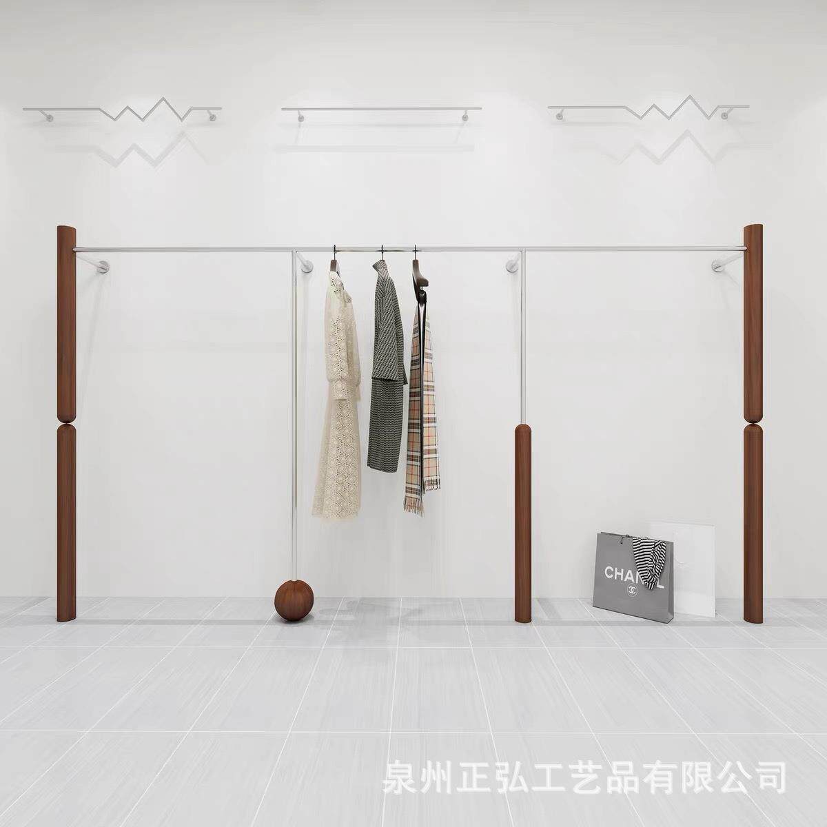 服装店展示架上墙女装店货架挂衣架胡桃木纹色童装不锈钢陈列架子