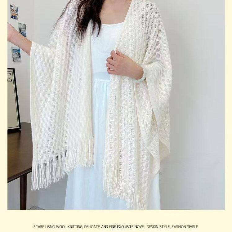 夏季薄款针织披肩，女白色流苏百搭外搭空调房防嗮披肩