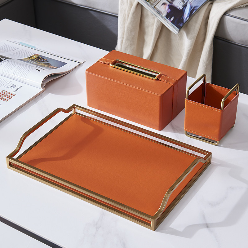 创意轻奢橙色长方形皮革托盘茶杯咖啡杯收纳盘茶几桌面整理置物盘