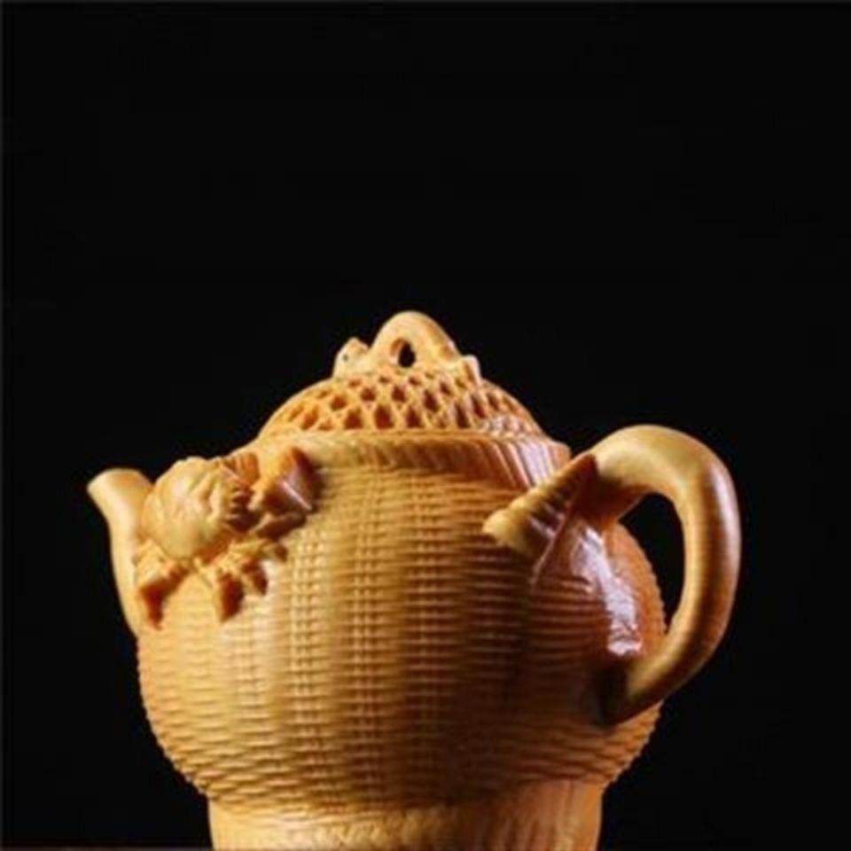 太行崖柏木雕手鱼篓壶摆件精精雕实心茶壶实心摆件