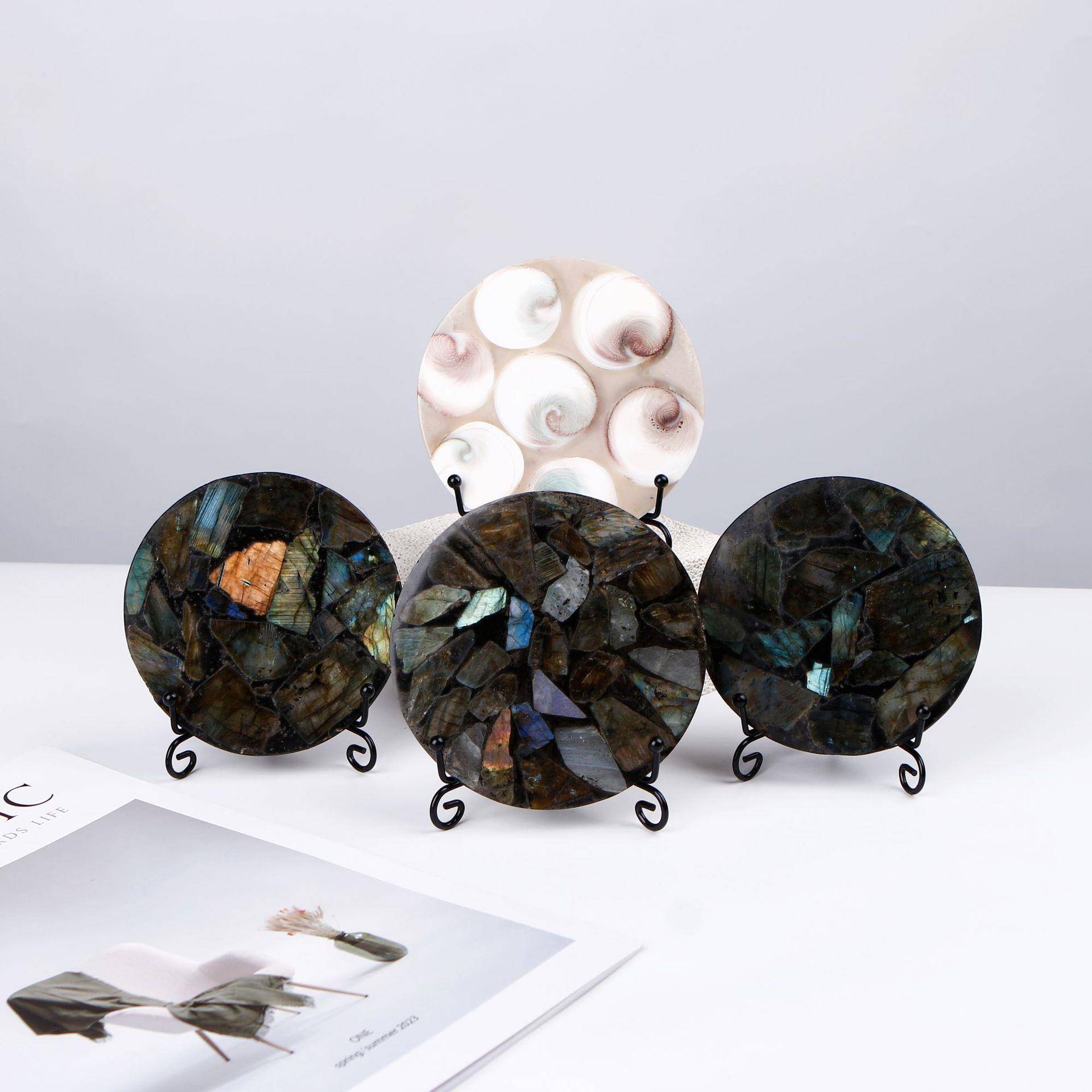 天然水晶拉长石贝壳杯垫摆件瓷茶杯垫茶具零配茶道创意防烫隔热垫