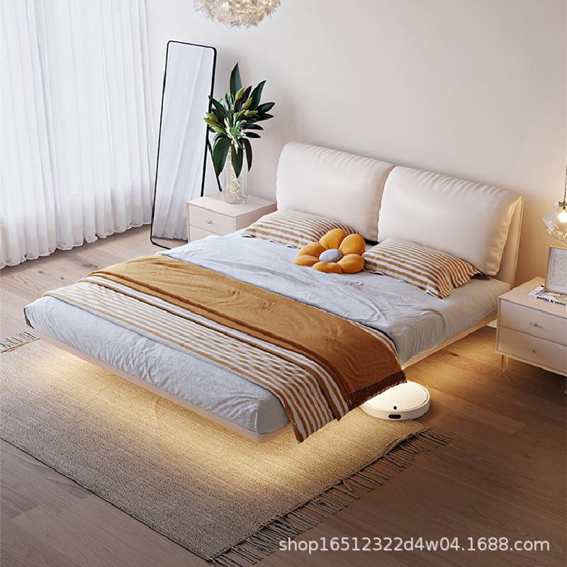 悬浮床现代简约主卧双人羽绒奶油风带感应灯悬空网红科技布轻奢床