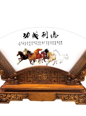 天然玉石扇形浮雕树脂底座摆件玄关书桌电视柜茶几进宅开业送礼品