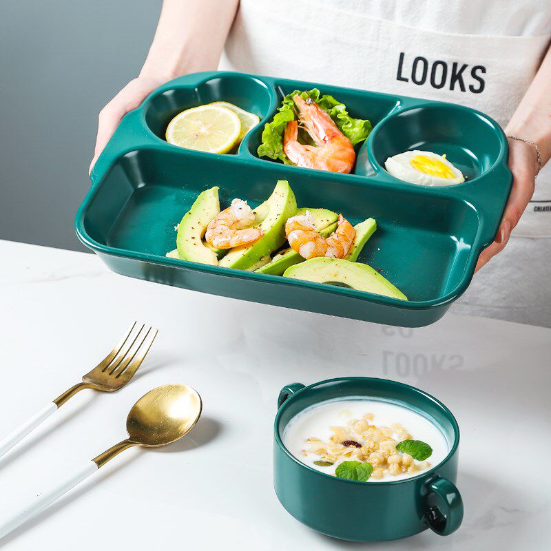 创意三格分餐盘家用陶瓷分格盘菜盘一人食儿童早餐盘碟子餐具套装