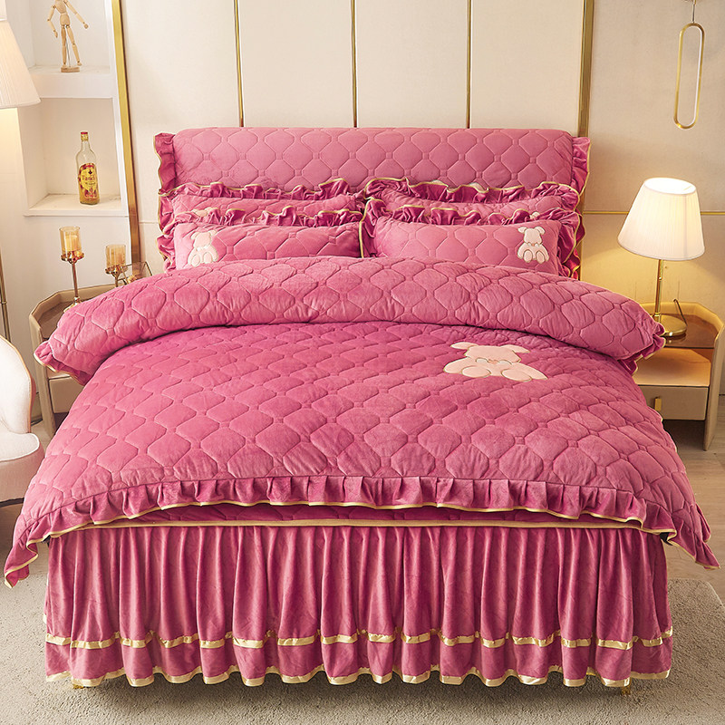 冬季水晶绒四件套双面绒被套床裙保C暖夹棉加厚床单珊瑚绒床罩180