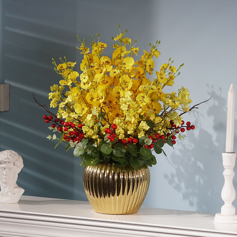 黄色跳舞兰仿真花高品质高端摆花带花瓶客厅假花轻奢摆件精品插花